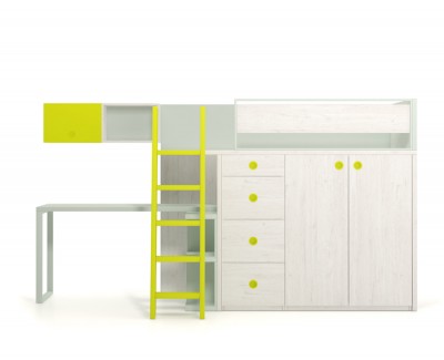 Set comprised of high bed with desk and 4 drawers