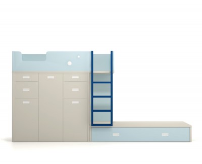Set comprised of bunk bed, two desks and pull-out shelving unit 